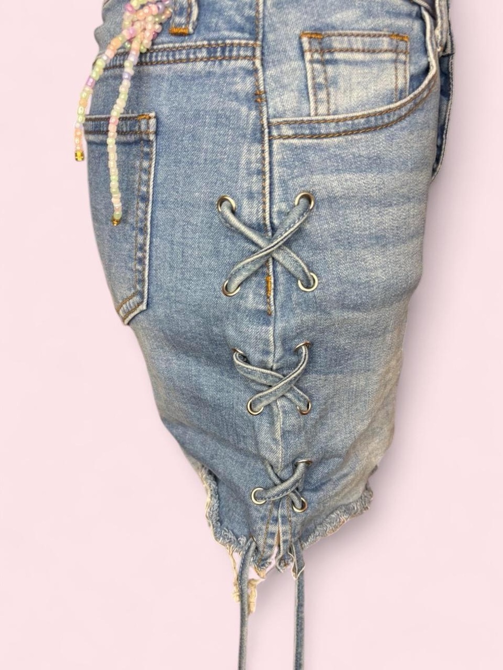 Windsor Light Blue Denim Lace-Up Distressed Mini Skirt